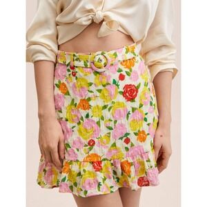 Mango Mini Skirt Floral Ruffle Belted Size L Multicolor Women NWT